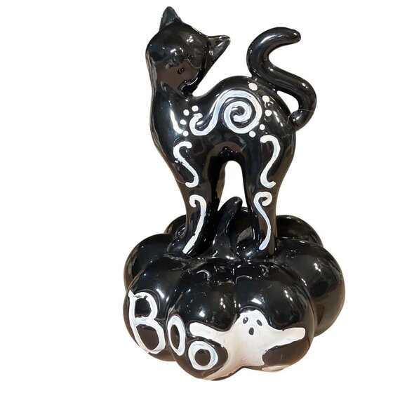 Ceramic Black Cat On Pumpkin Halloween Decor Figurine With White Ghost & "Boo" D - Picture 1 of 15